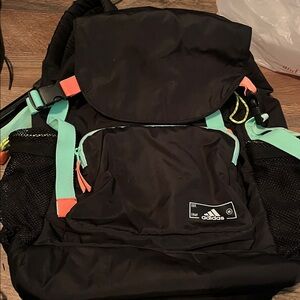 Adidas Saturday Black Backpack with Aqua and Peach Highlights